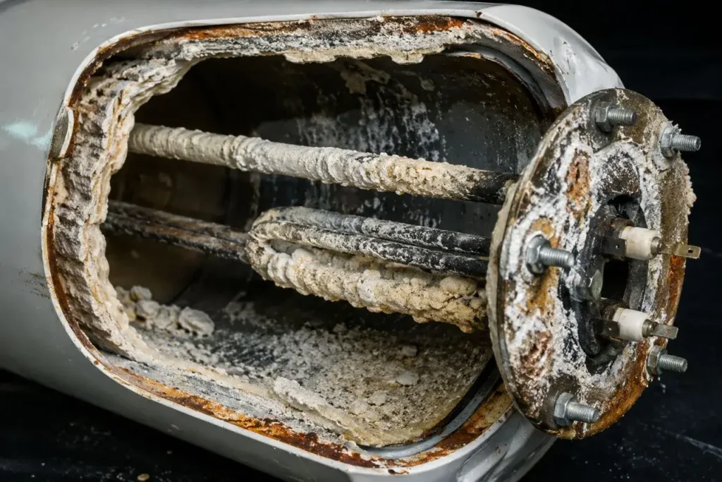 Corroded metal tank with mineral buildup