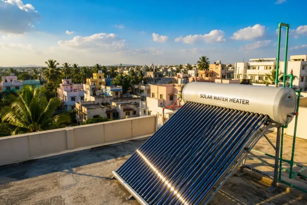 Rooftop solar heater with city view