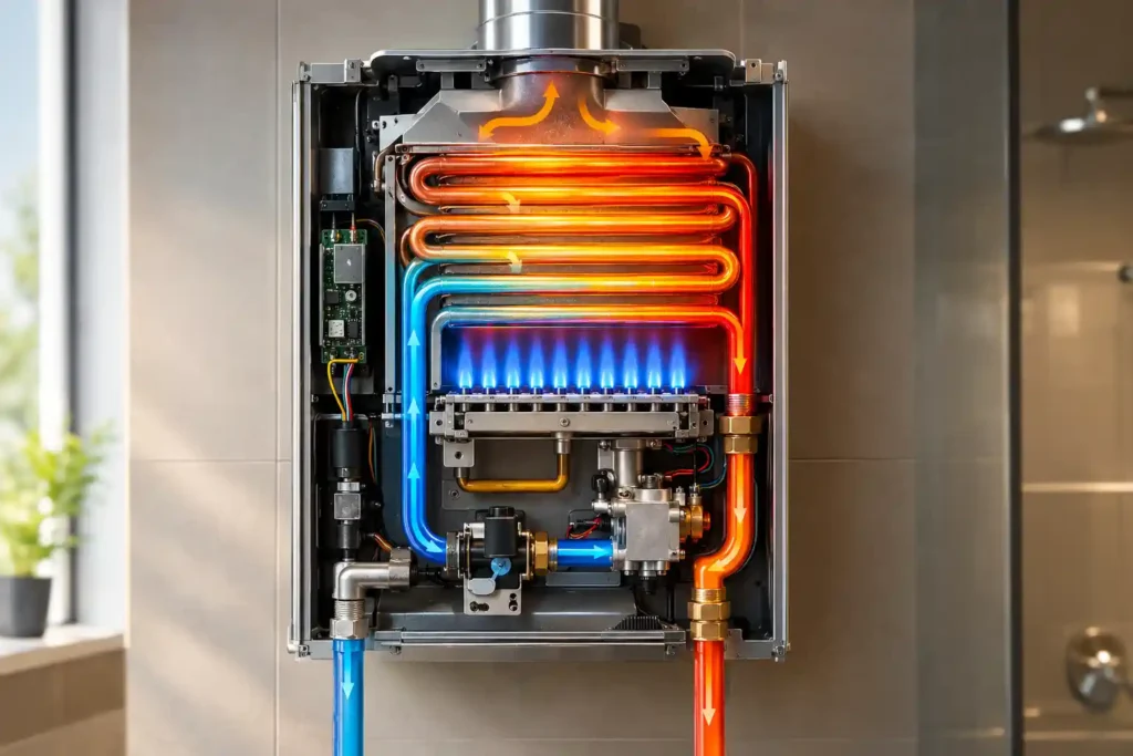 4 Tankless Water Heater Cutaway in Modern Bathroom